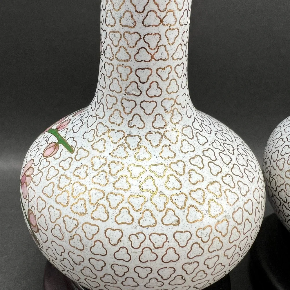 Vintage Cloisonne Vases Cherry Blossom White Pink Yellow Wood Stands Pair 4